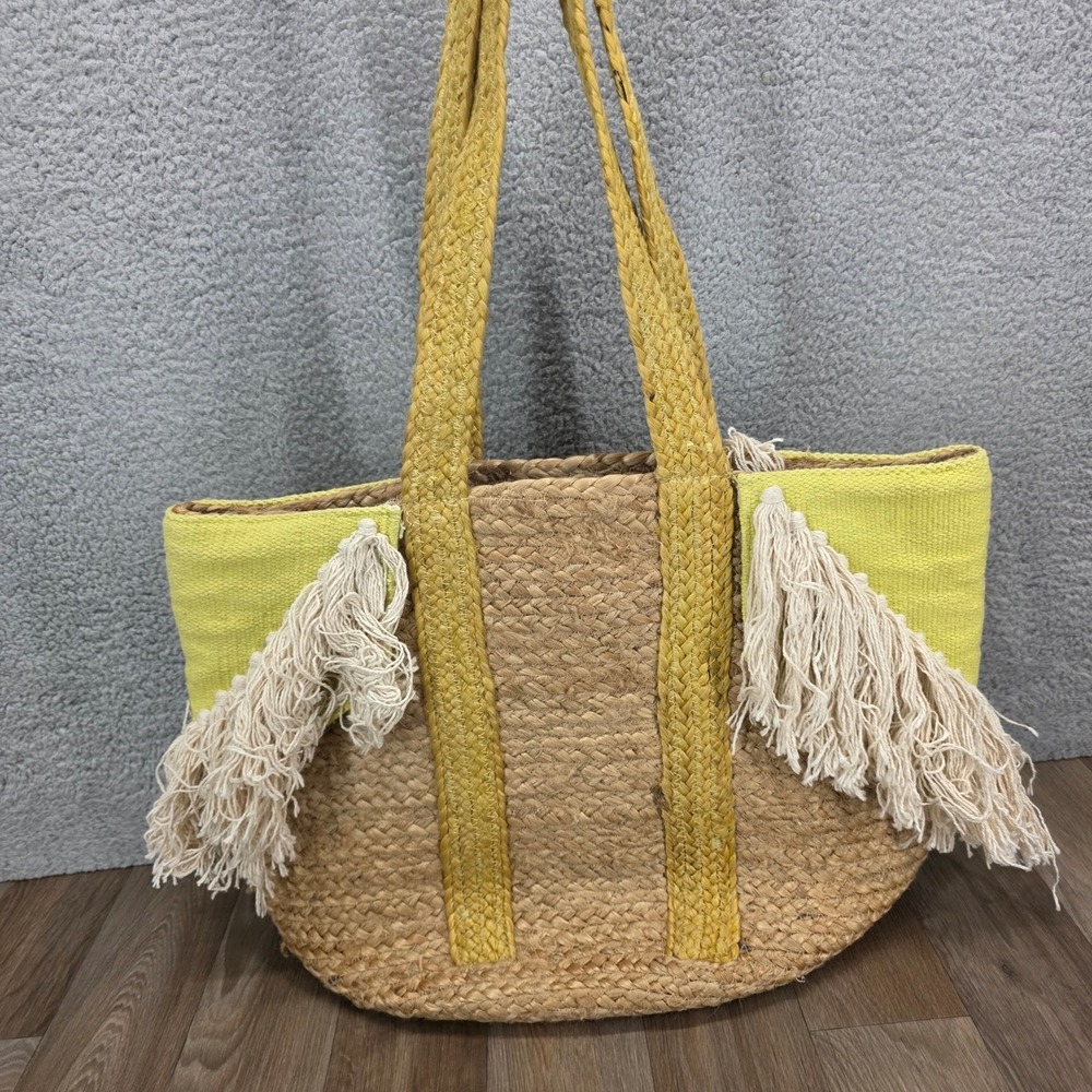 America & Beyond Large Jute Tote Bag Yellow Trim Fringed Boho Beach Summer